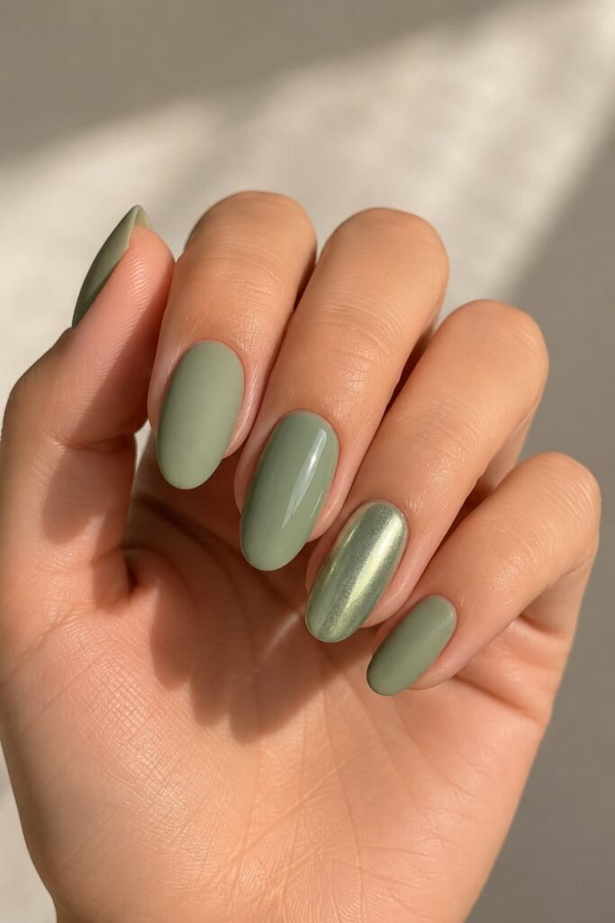 Matte, glossy, and pearlescent chrome sage green nail finishes
