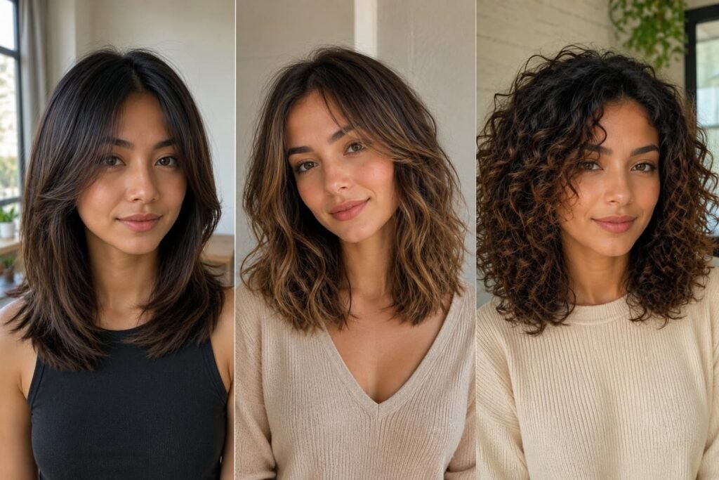 Medium layered hair shown on straight, wavy, and curly textures