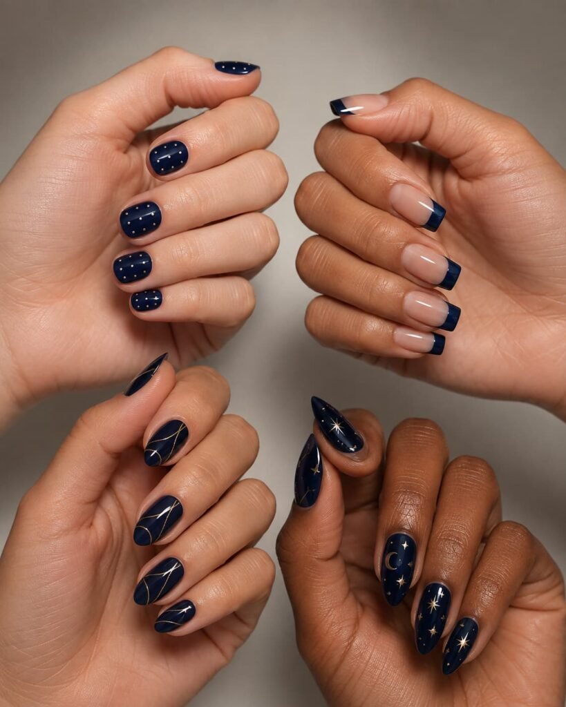 Midnight navy designs shown on rounded, square, oval, and almond nail shapes.