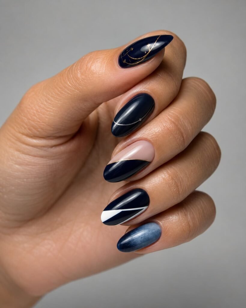 Midnight navy nails paired with gold, silver, nude, white, and lighter blue accents.