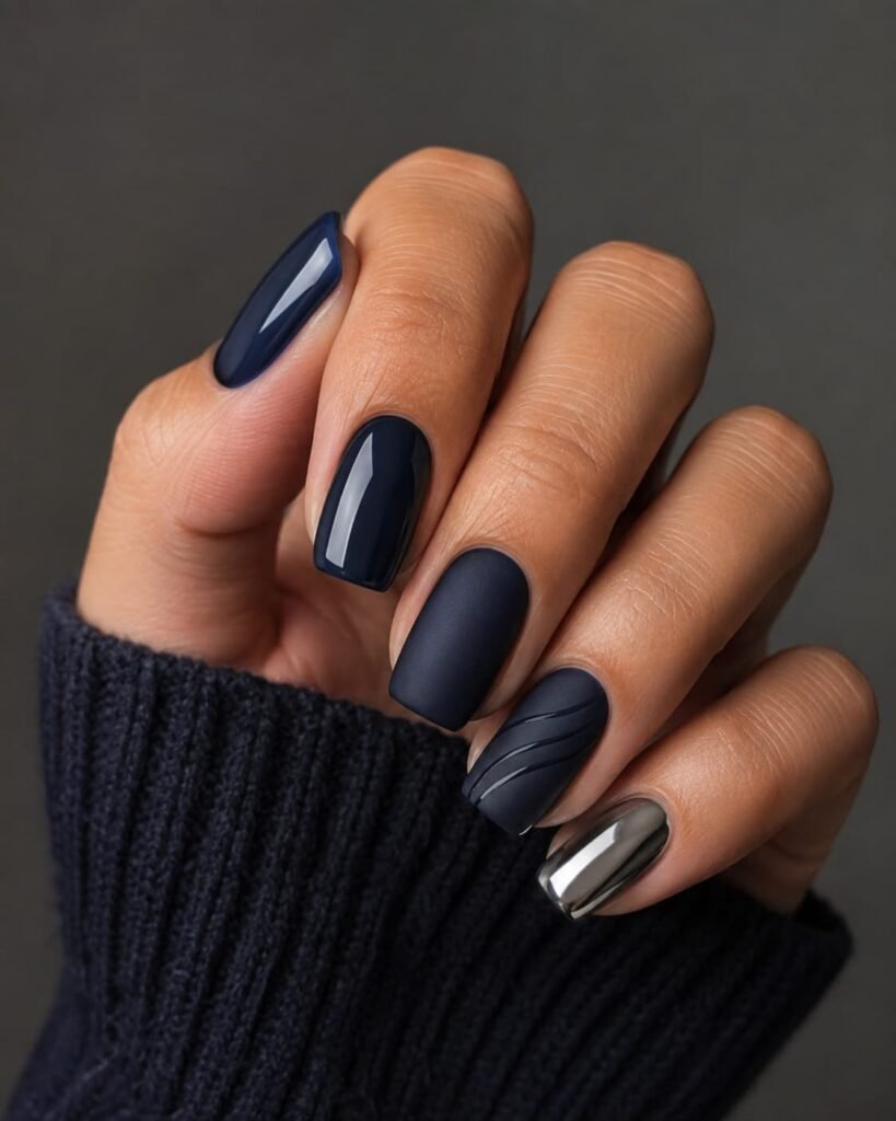 Midnight navy nails showing matte, glossy, and silver reflective finishes.