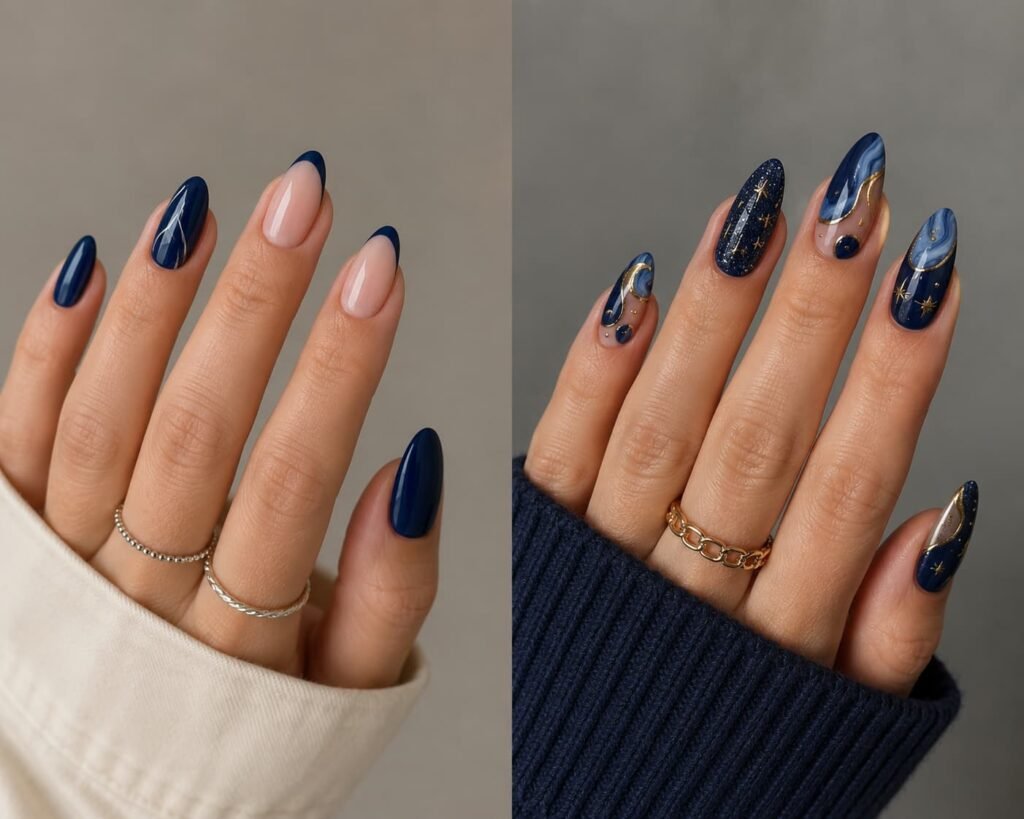 Minimal and detailed navy blue almond nail designs shown on two separate hands.