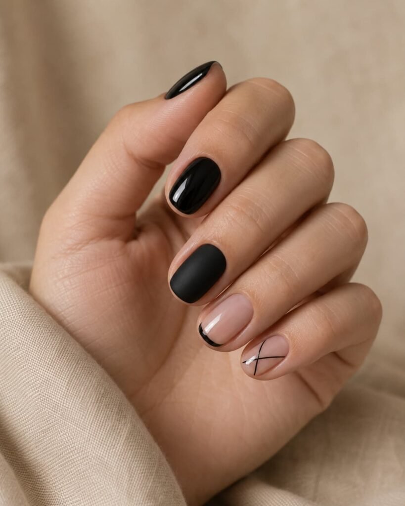 Minimal black nails with matte, glossy, micro French, and negative-space details