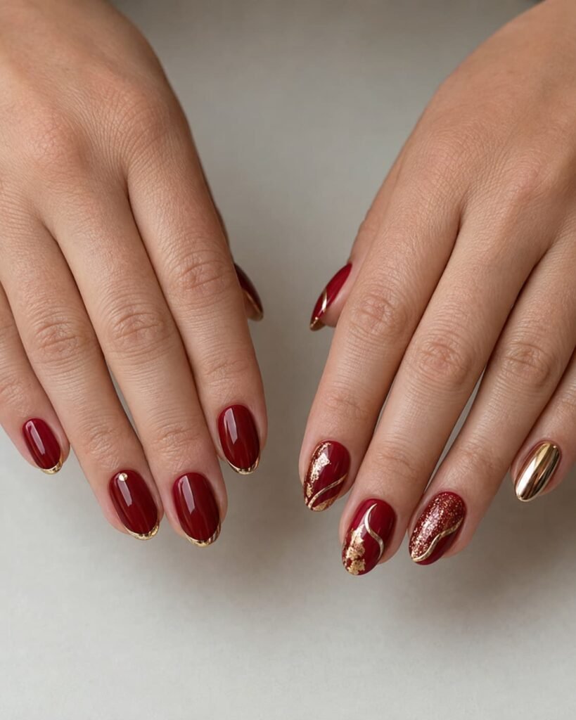Minimal red nails with fine gold details beside a more decorative red and gold manicure.