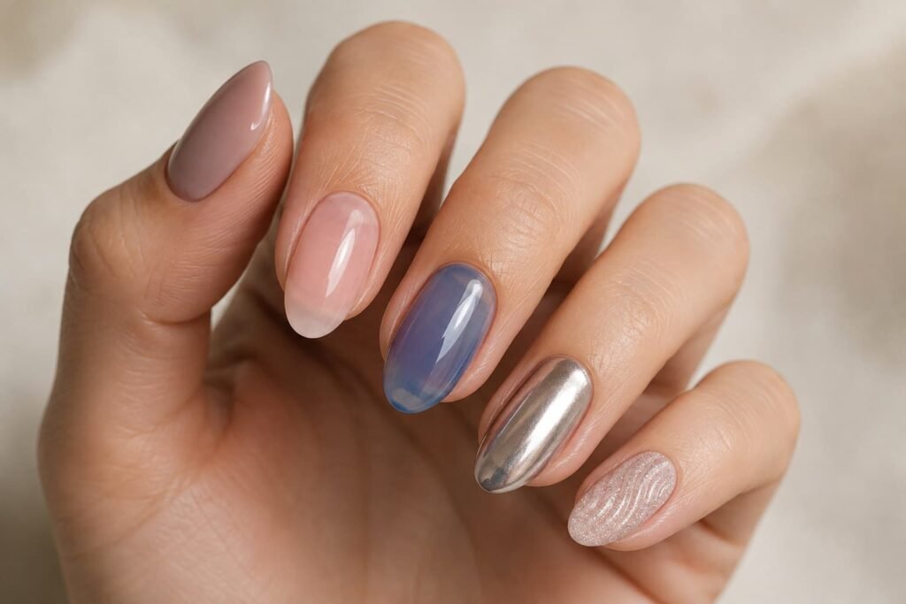 ALT text:Minimal sheer nail design beside a more detailed manicure with gradients, patterns, and metallic accents.