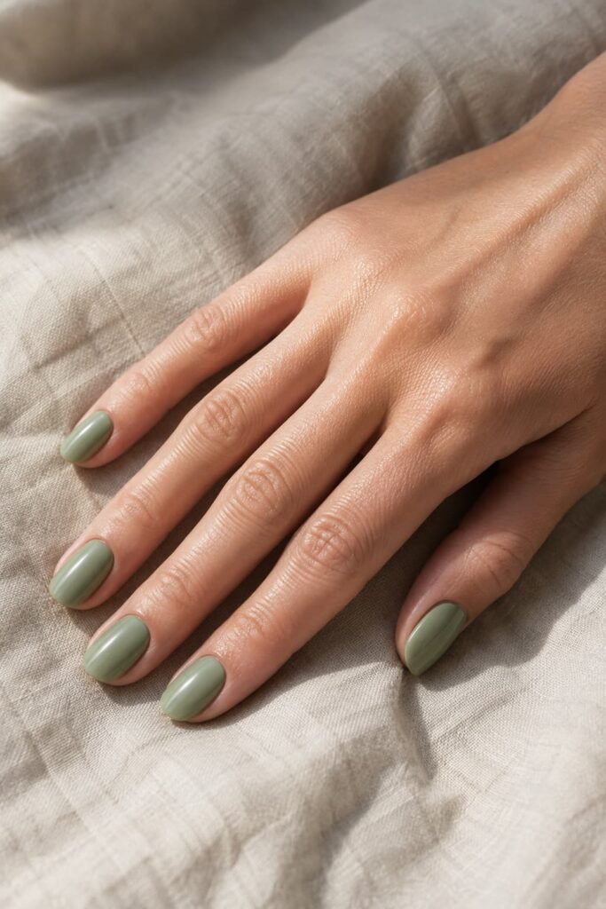 Muted sage green oval nails with a glossy finish