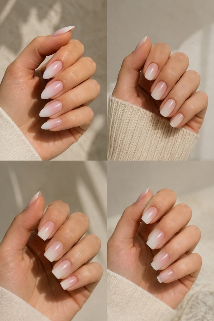 Natural nude ombre nails shown in almond, oval, square, and squoval shapes