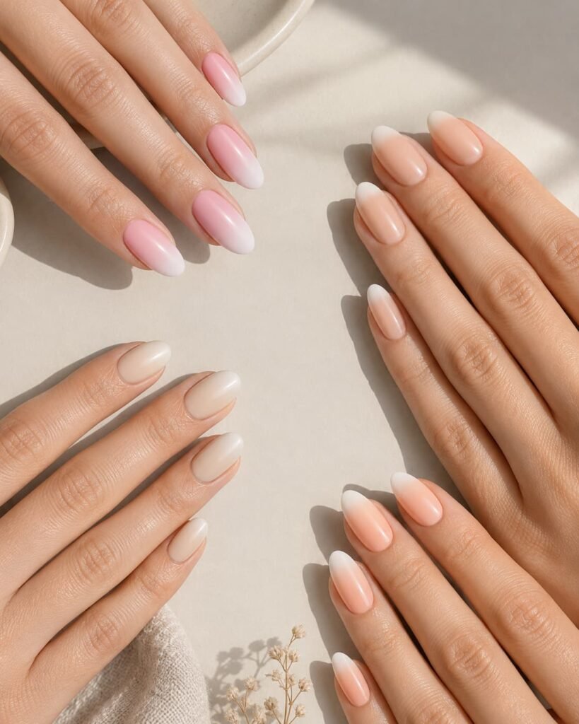 Natural ombre nail colour combinations in pink, nude, beige, and peach tones