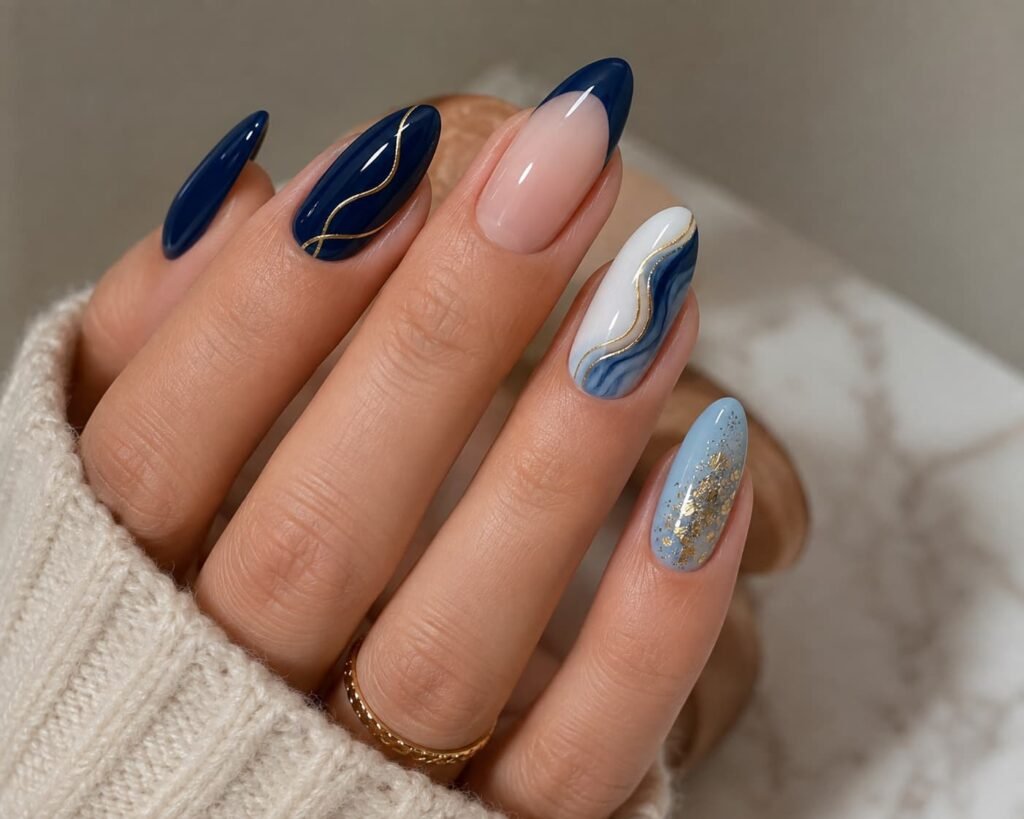 Navy blue almond nails with nude, white, gold, silver, and light blue accents. 