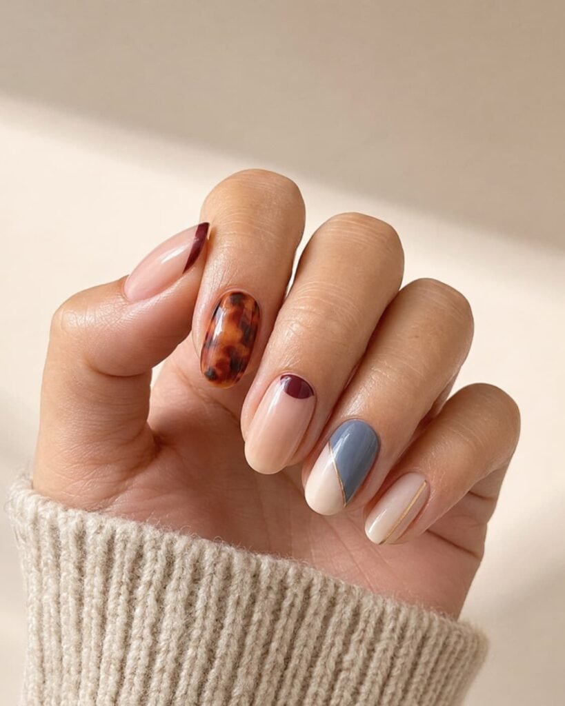 Oval nails with burgundy French tips, tortoiseshell, color blocking, and metallic accents