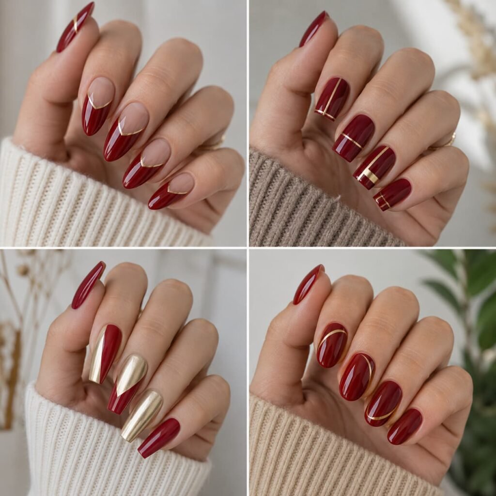 Red and gold nail designs shown on almond, square, coffin, and oval nail shapes.