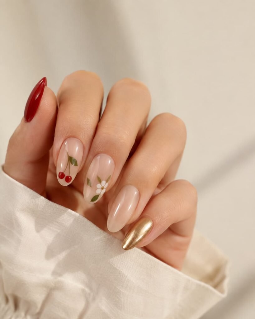Red fruit manicure with nude, green, white, and gold accents