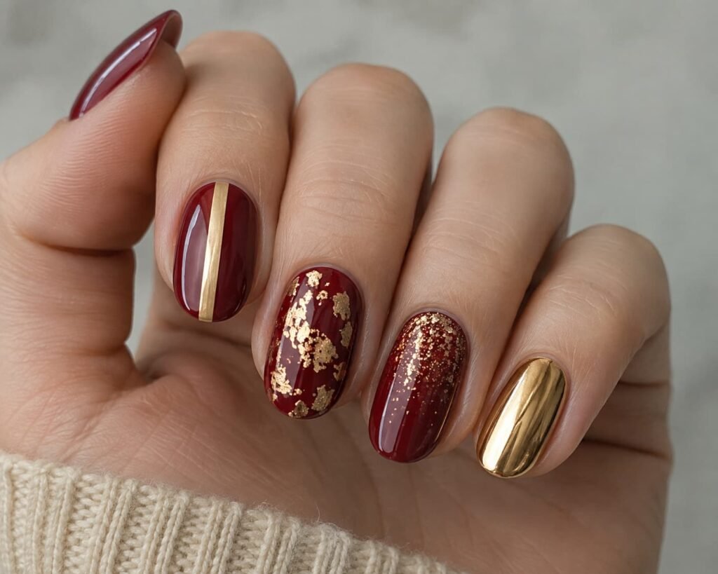 Red nails showing metallic gold, foil-style, glitter, and chrome-style finishes.