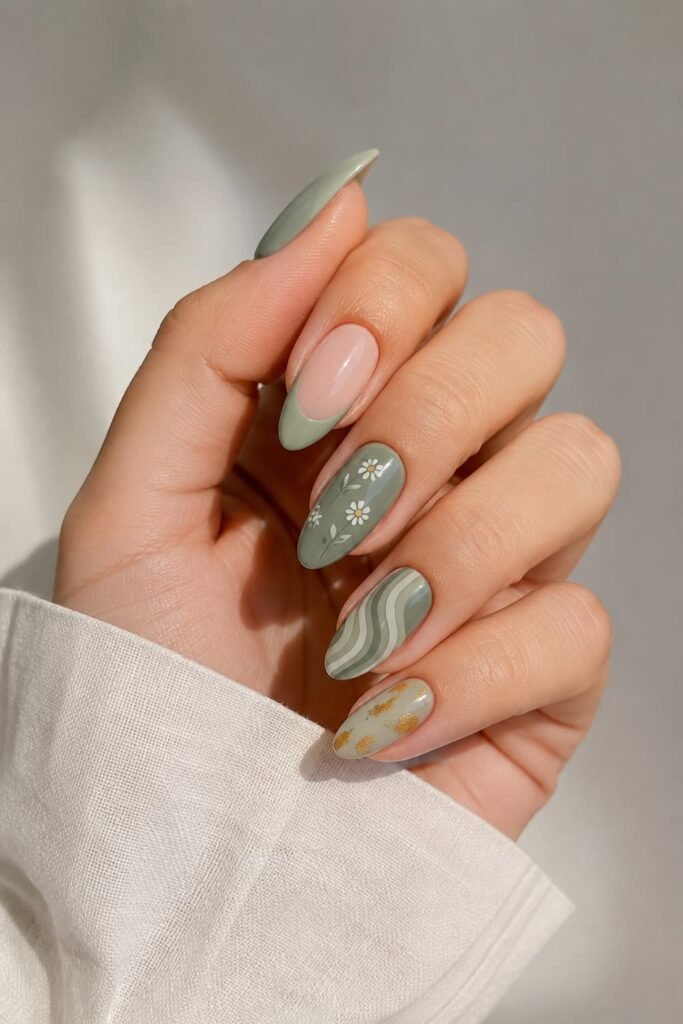 Sage green almond nails with French tips, floral art, swirls, and gold accents