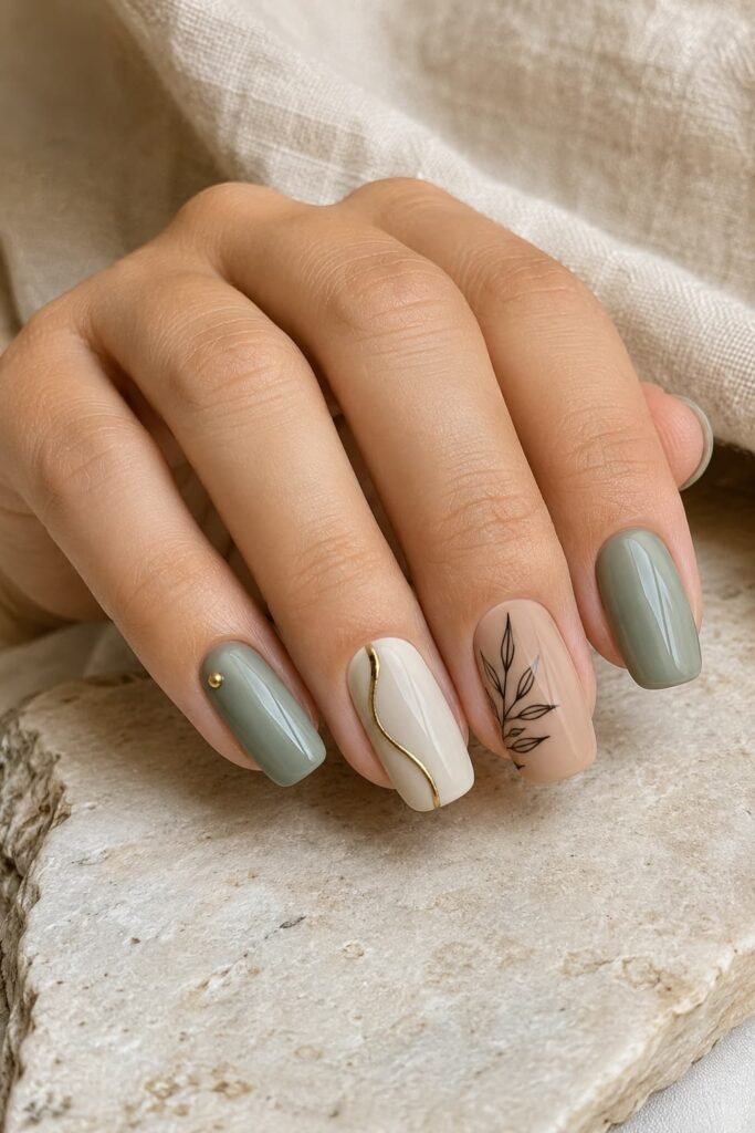 Sage green nails paired with cream, nude, brown, black, and gold accents