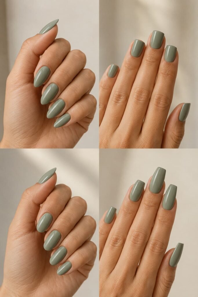 Sage green nails shown in almond, square, oval, and coffin shapes