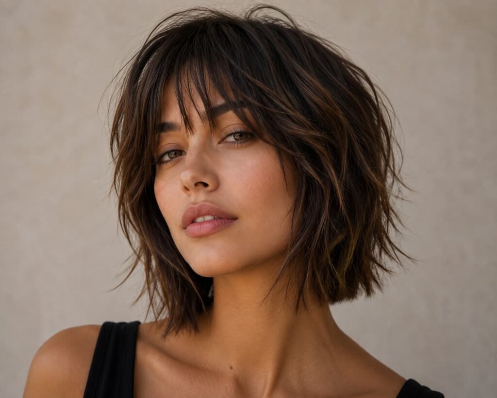 Shaggy choppy bob with layered crown and tousled textured ends.