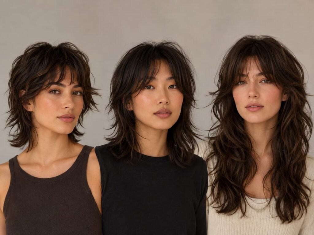 Short, medium, and long wolf cut hairstyle variations