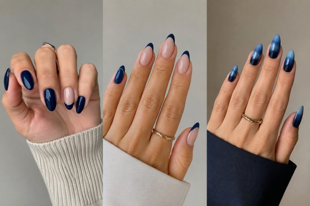 Short, medium, and longer navy blue almond nail designs shown on separate hands. 