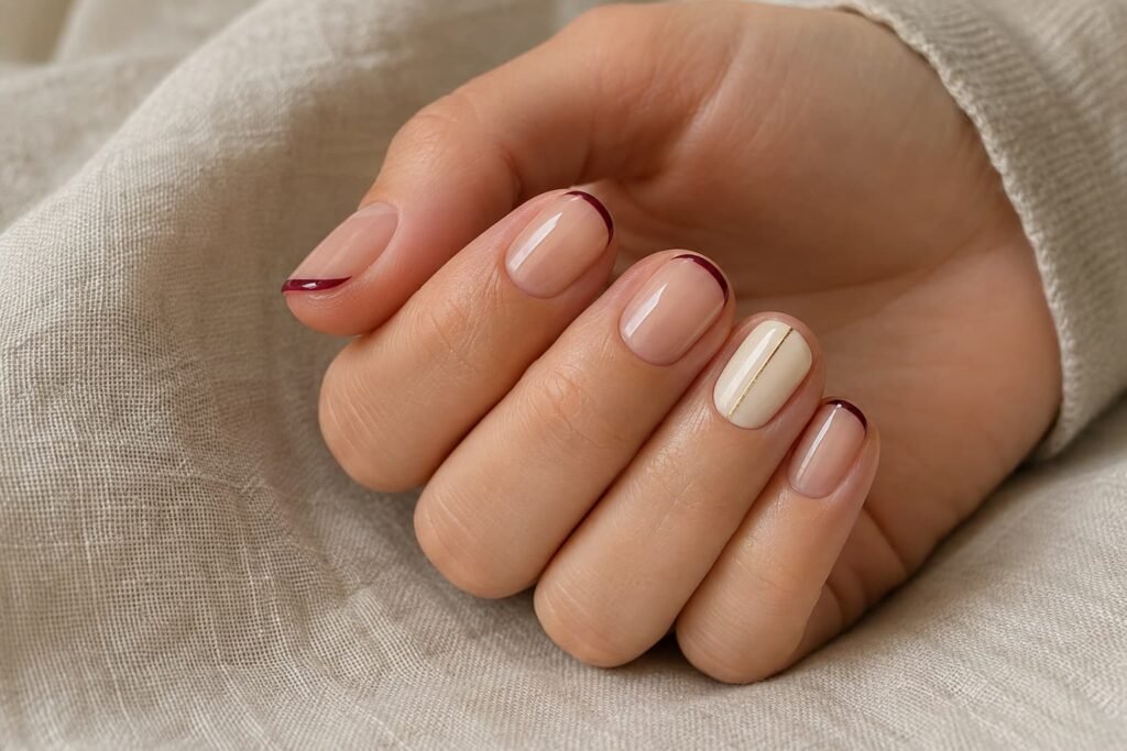 Short nude nails with burgundy micro French tips and one metallic accent