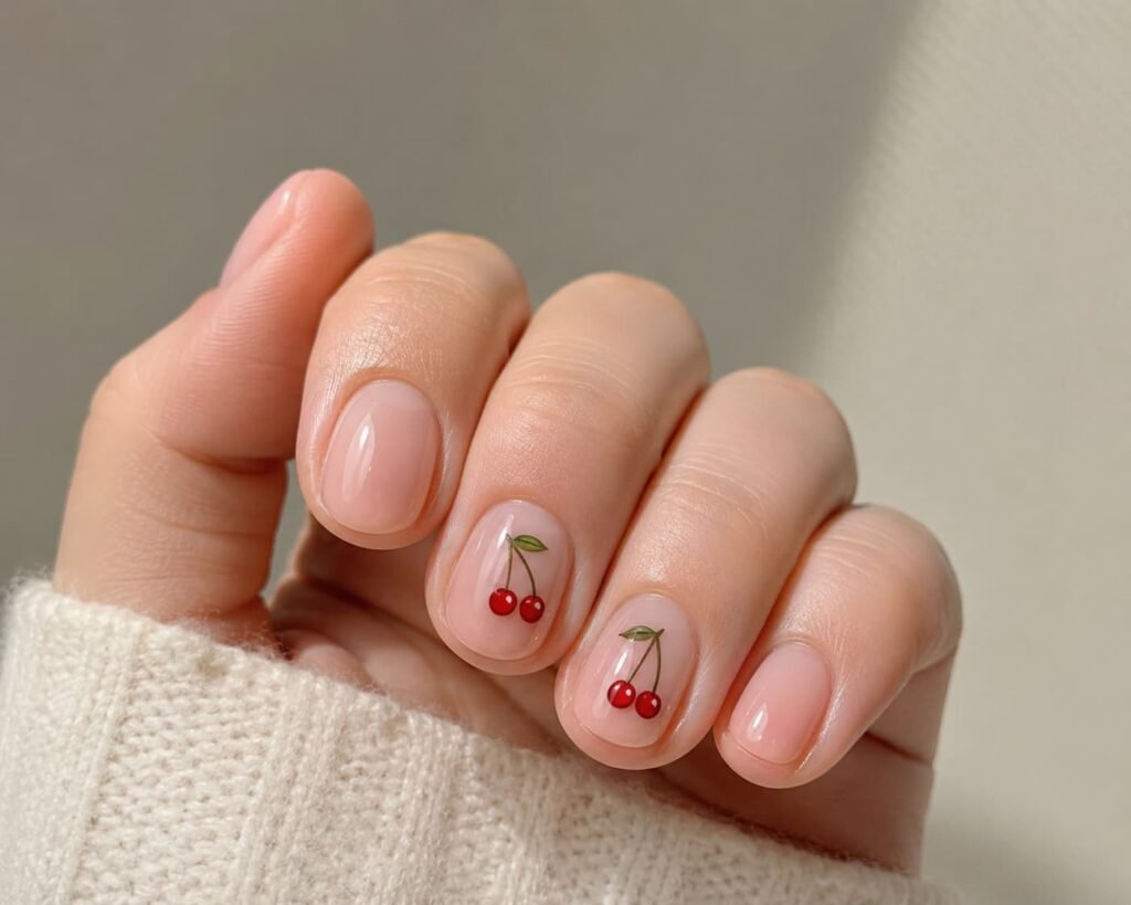 Short nude nails with small red cherry motifs and green leaves