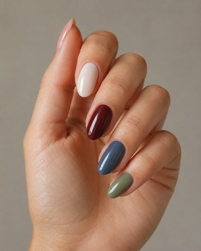 Short square, soft oval, almond, and rounded nail shapes with neutral polish.