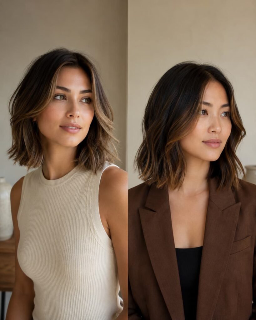 Shoulder-length and collarbone-length layered lob comparison