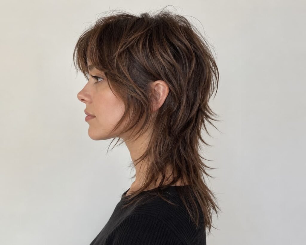 Side view of a layered wolf cut with shorter crown layers and longer back sections