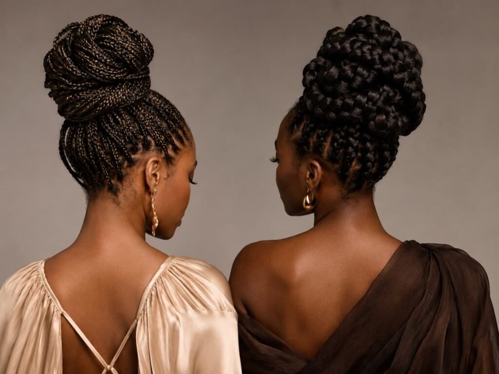 Small braids and jumbo braids styled into different braided buns