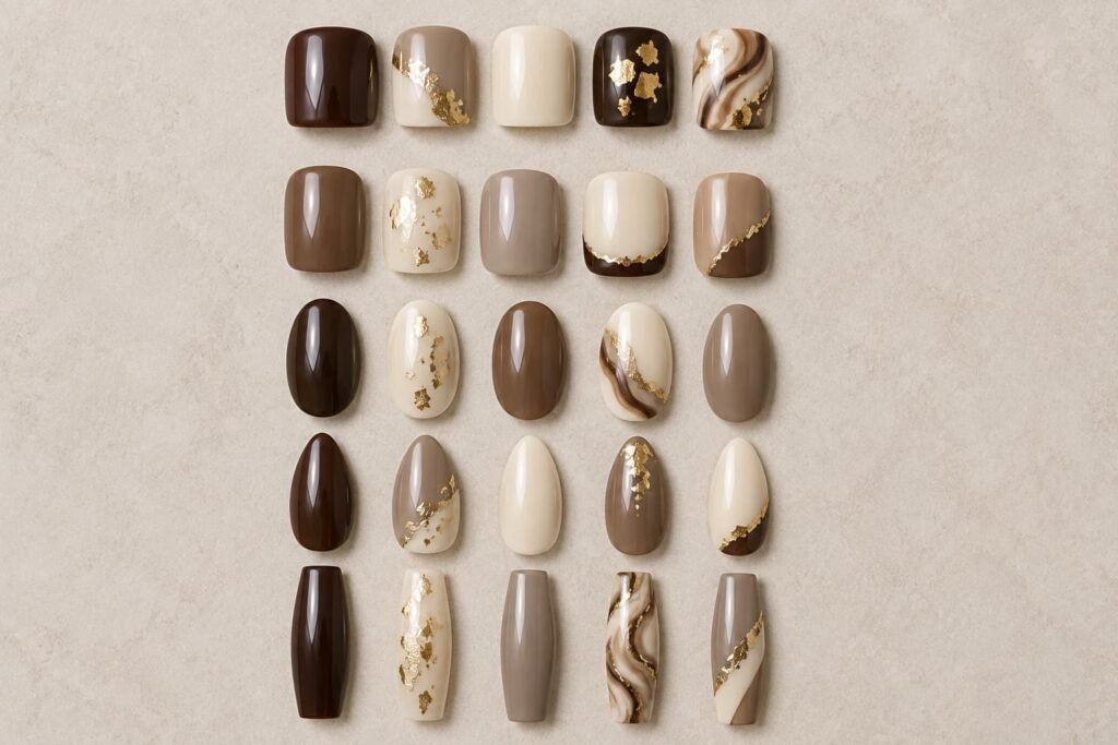 Square, squoval, oval, almond, and coffin nail shapes in brown, cream, and gold designs.