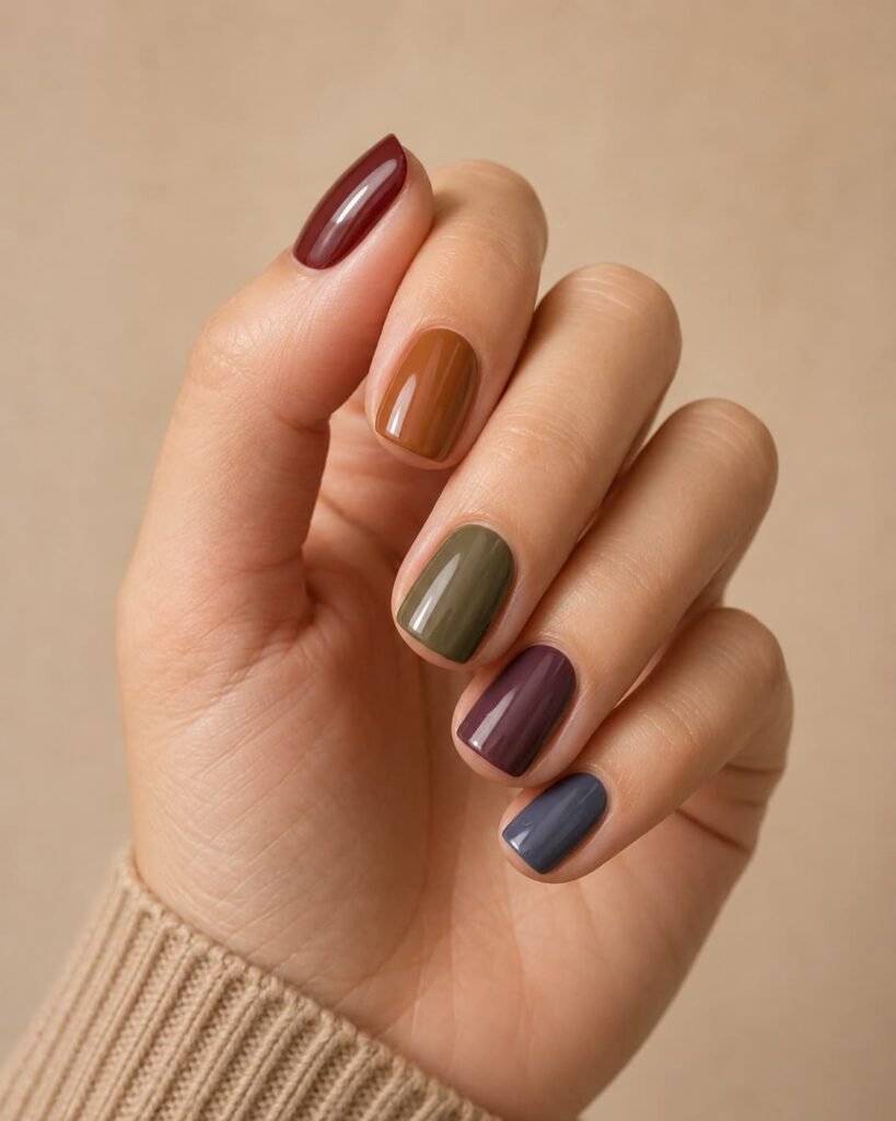 Squoval nails in burgundy, caramel, olive, plum, and dusty navy