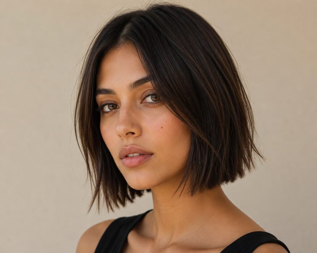 Straight choppy bob with visible layers and textured ends.