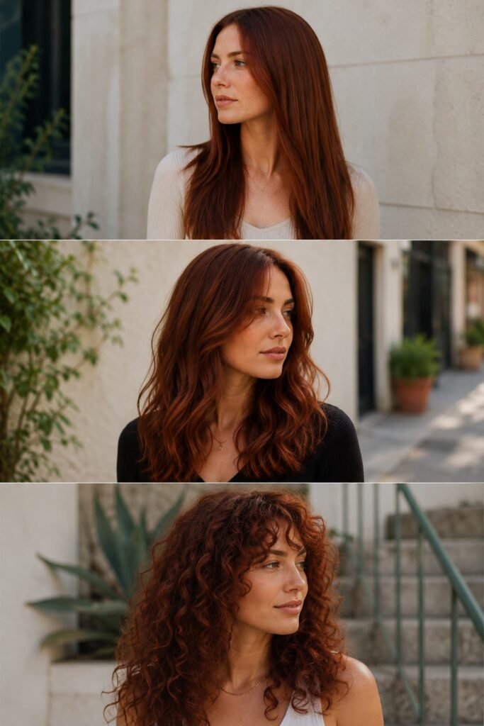 Straight, wavy, and curly auburn hair showing different color dimension