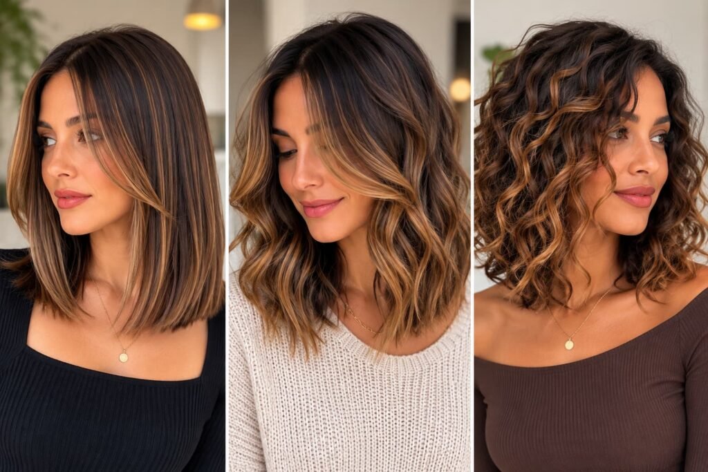 Straight, wavy, and curly layered lob styling variations