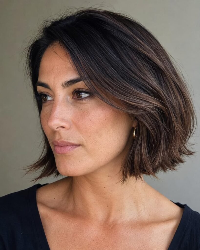 Subtle brown-on-brown balayage bob with chocolate tones