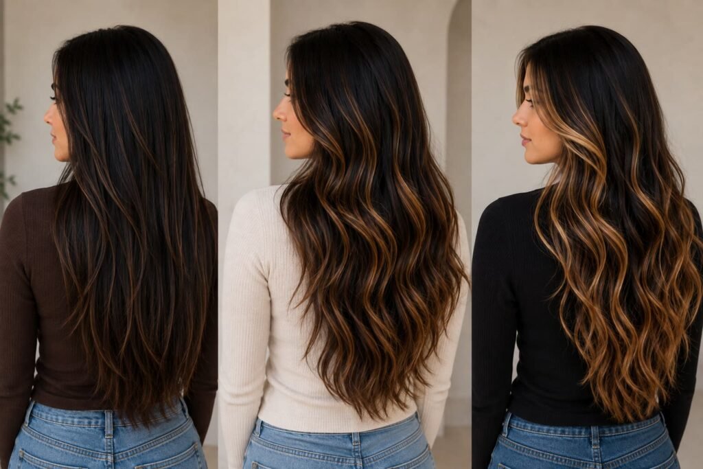 Subtle, medium, and higher-contrast caramel highlights on dark brown hair