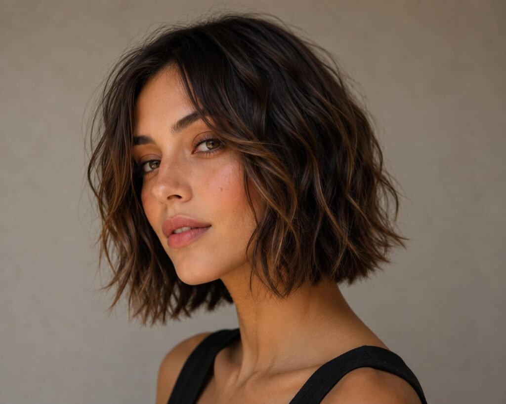 Wavy choppy bob with soft layers and textured ends.