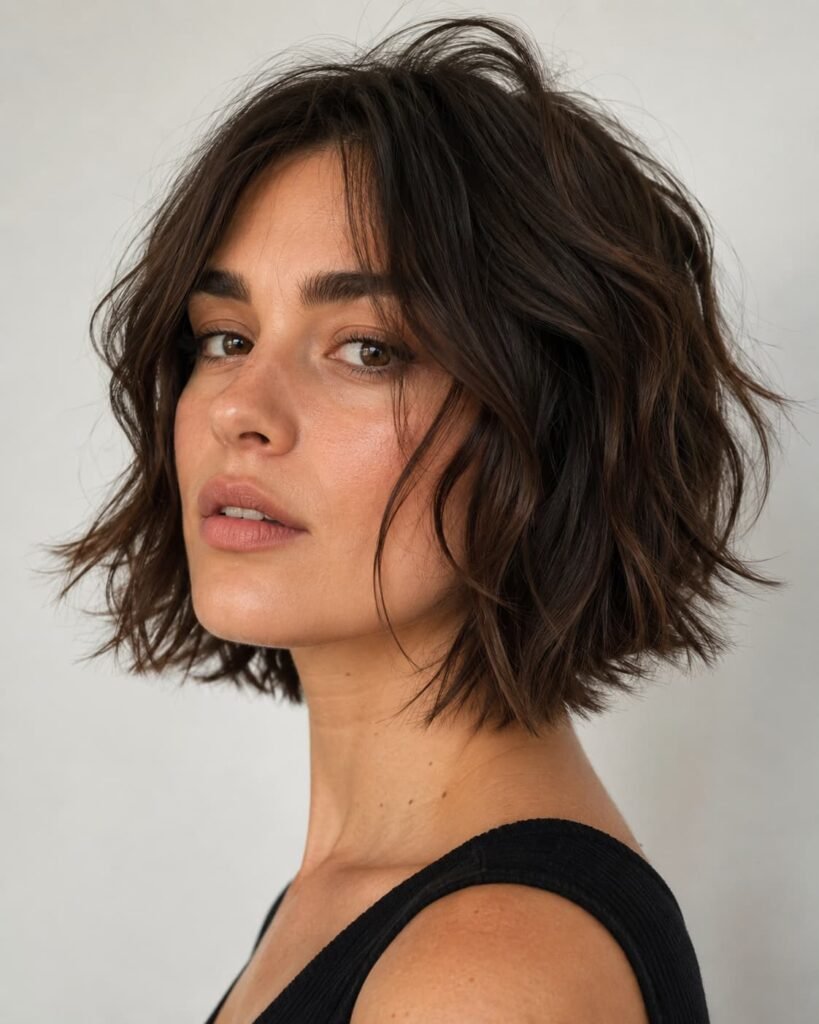 Wavy layered shaggy bob with textured ends and soft face-framing layers