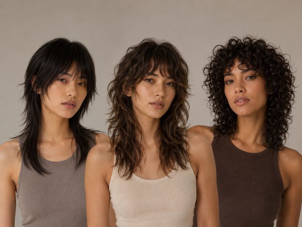 Wolf cut hairstyles on straight, wavy, and curly hair textures