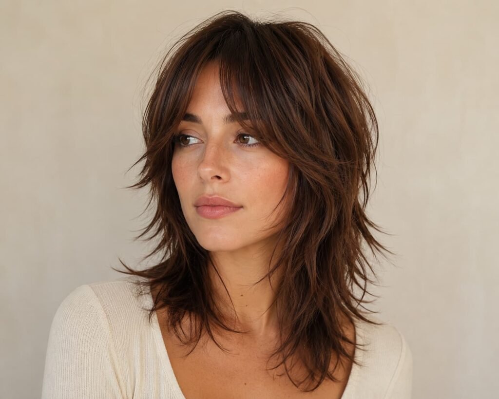 Wolf cut with curtain bangs blending into face-framing layers