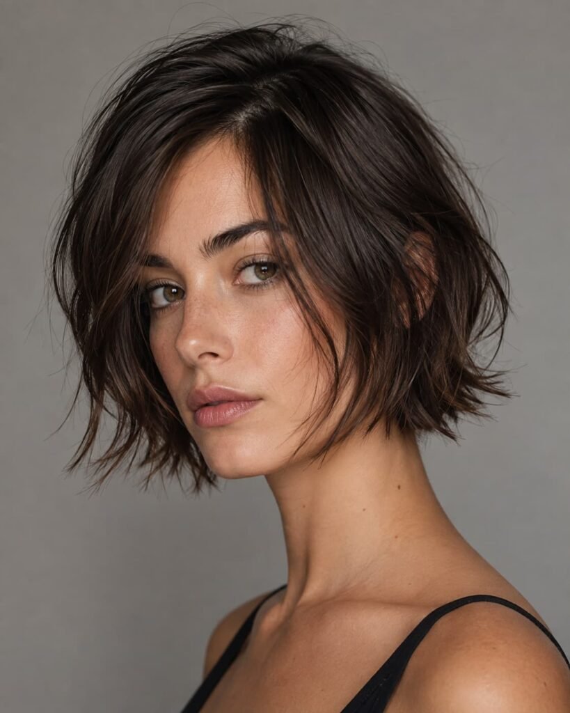 Woman with a textured chin-length choppy bob and piecey layers.