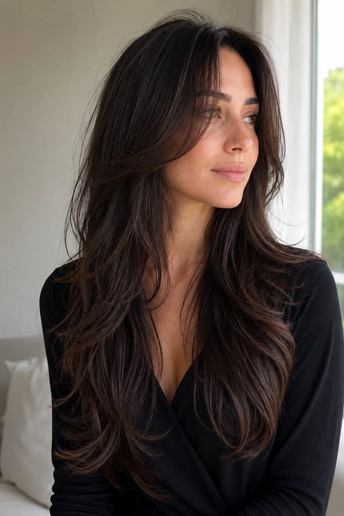 Woman with long layered hair and soft chin-length face-framing layers