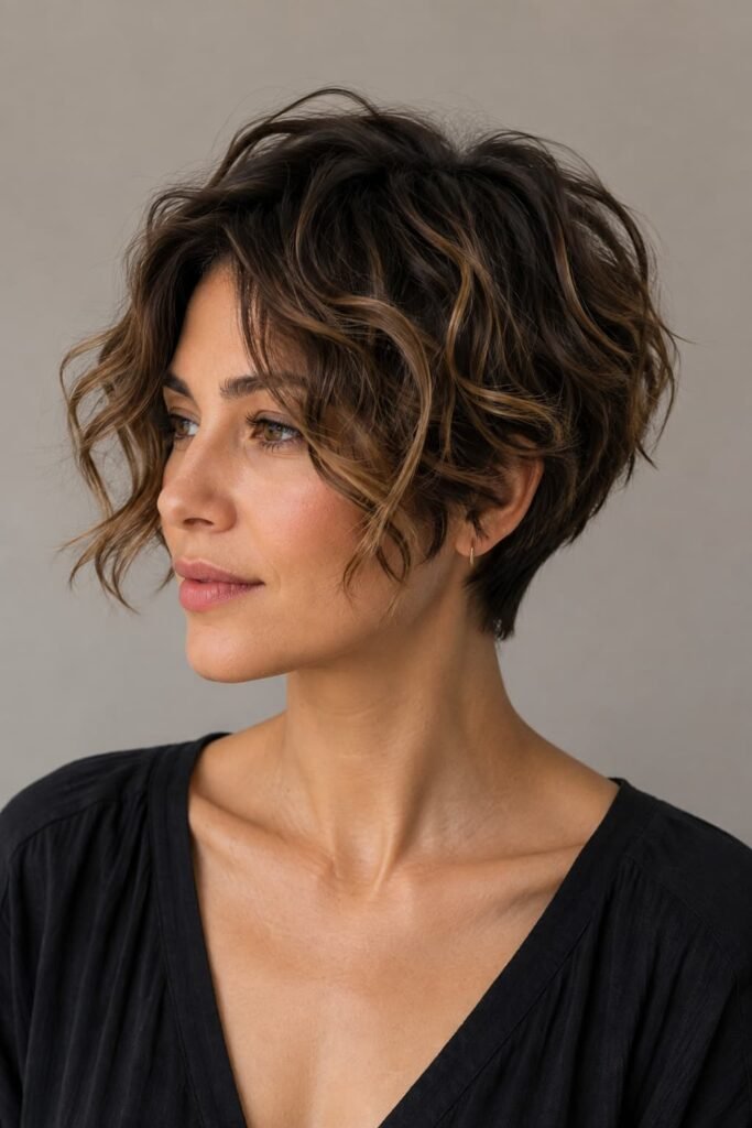 Wavy pixie bob with soft waves and layered movement.
