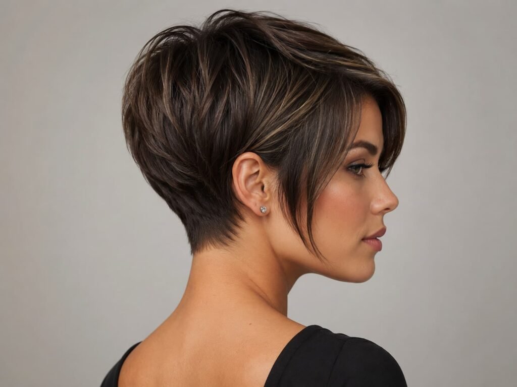 Short stacked pixie bob with graduated back layers.