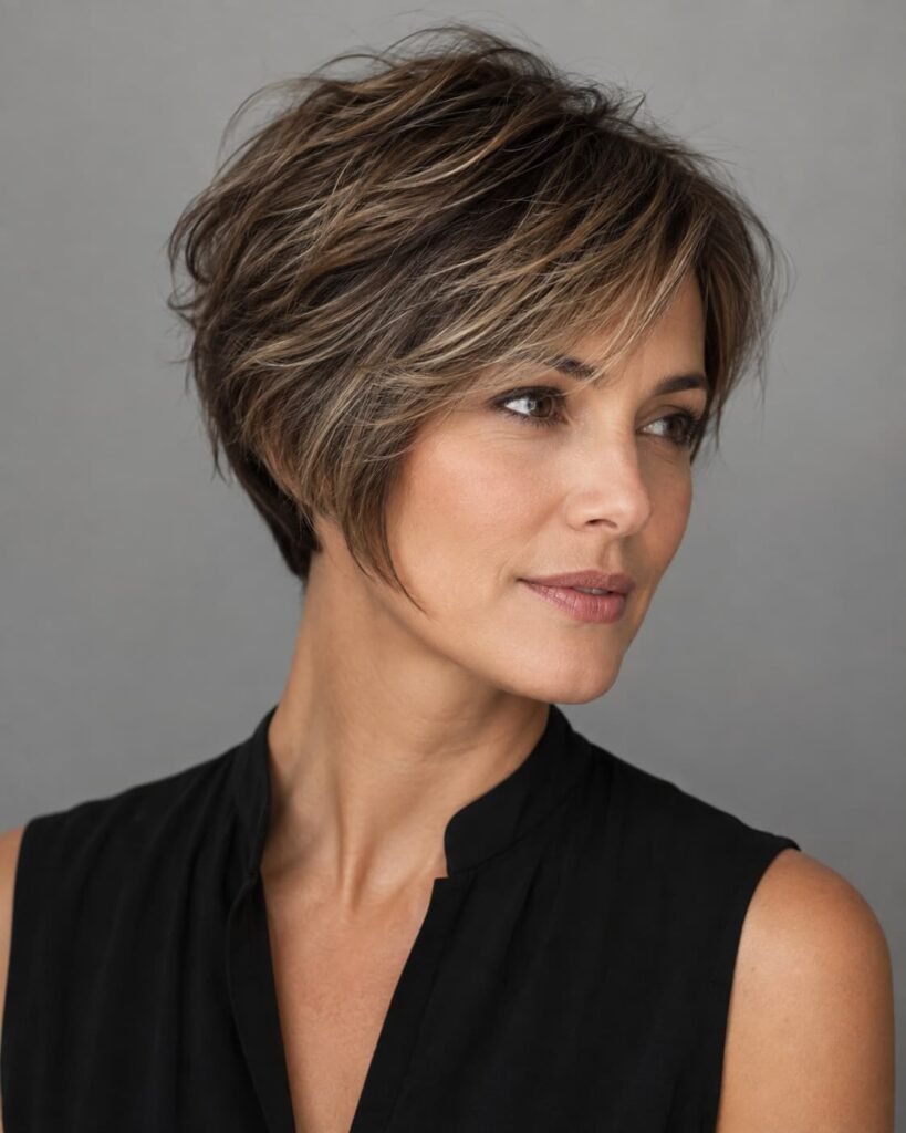 Classic layered pixie bob with soft layers and longer front pieces