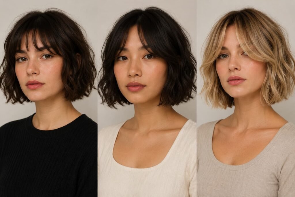 Short, medium, and long curtain bangs with textured wavy bobs
