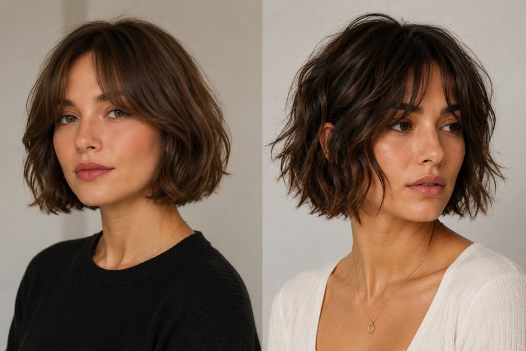 Subtle layered French bob and more textured piecey bob comparison