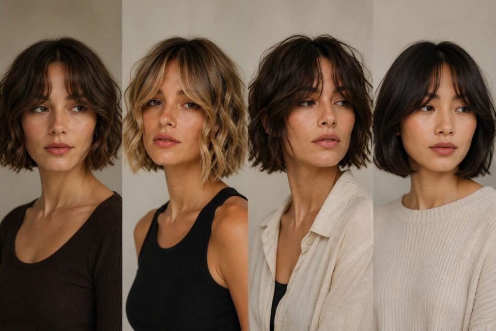 Four styling finishes for a textured wavy French bob with curtain bangs