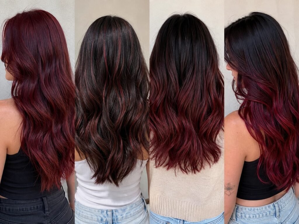 All-over cherry cola, highlights, balayage, and dark-root color placement ideas