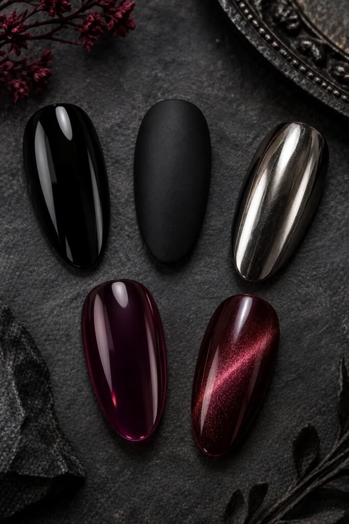 Artificial nail tips comparing glossy, matte, metallic, jelly, and magnetic gothic finishes.